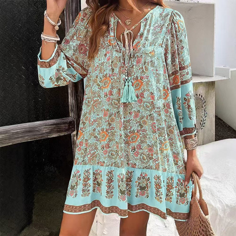 Women's Elegant V-Neck Fringe Bow Floral Print Dress Long Sleeve Comfortable Spring & Summer Dress