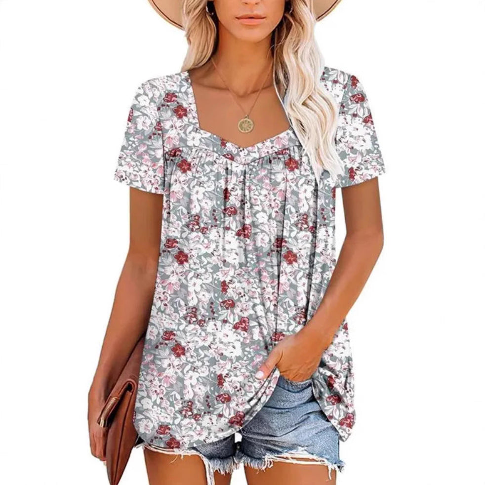 Square Collar Short Sleeve Printed Loose T-shirt