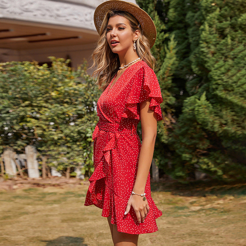 V-neck Printed Chiffon Short-sleeved High-waist Lace-up Dress