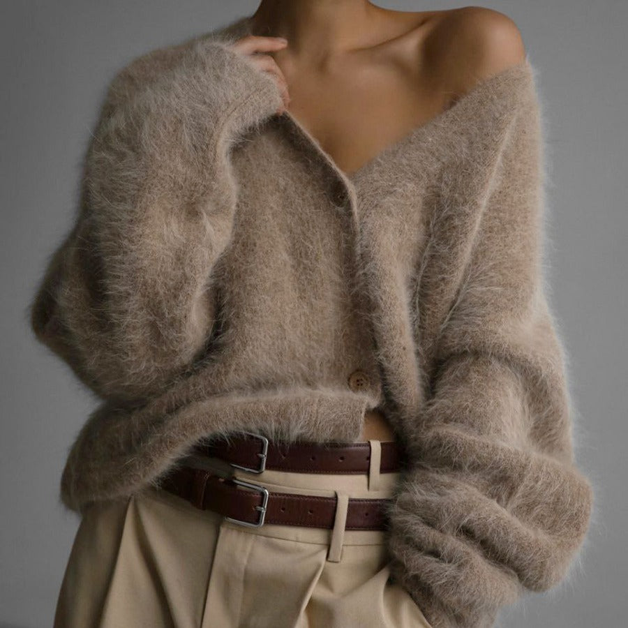 Loose V-neck Button Cardigan Fall Winter Fashion Single Breasted Knitted Sweater Top