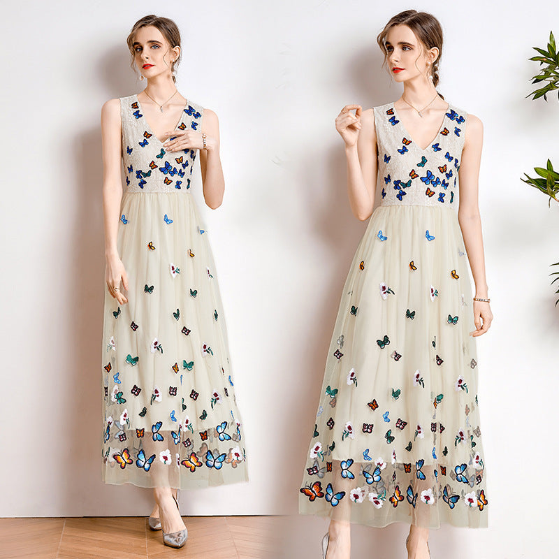 Lace Mesh Embroidered V-Neck Waist Dress