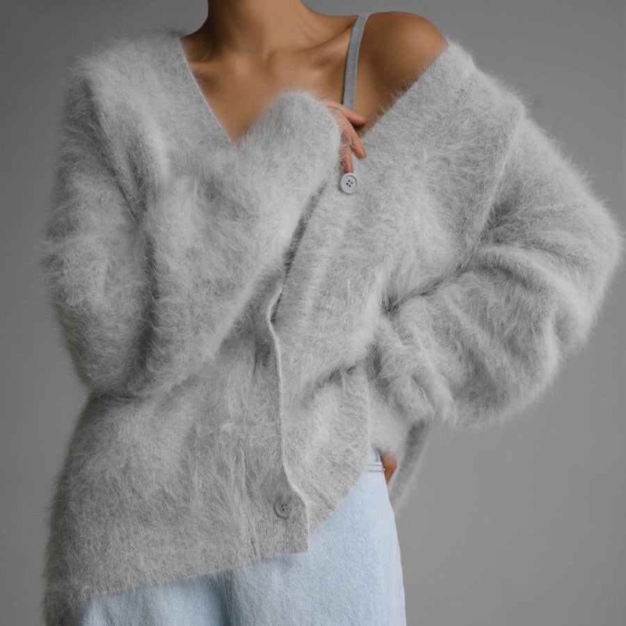 Loose V-neck Button Cardigan Fall Winter Fashion Single Breasted Knitted Sweater Top