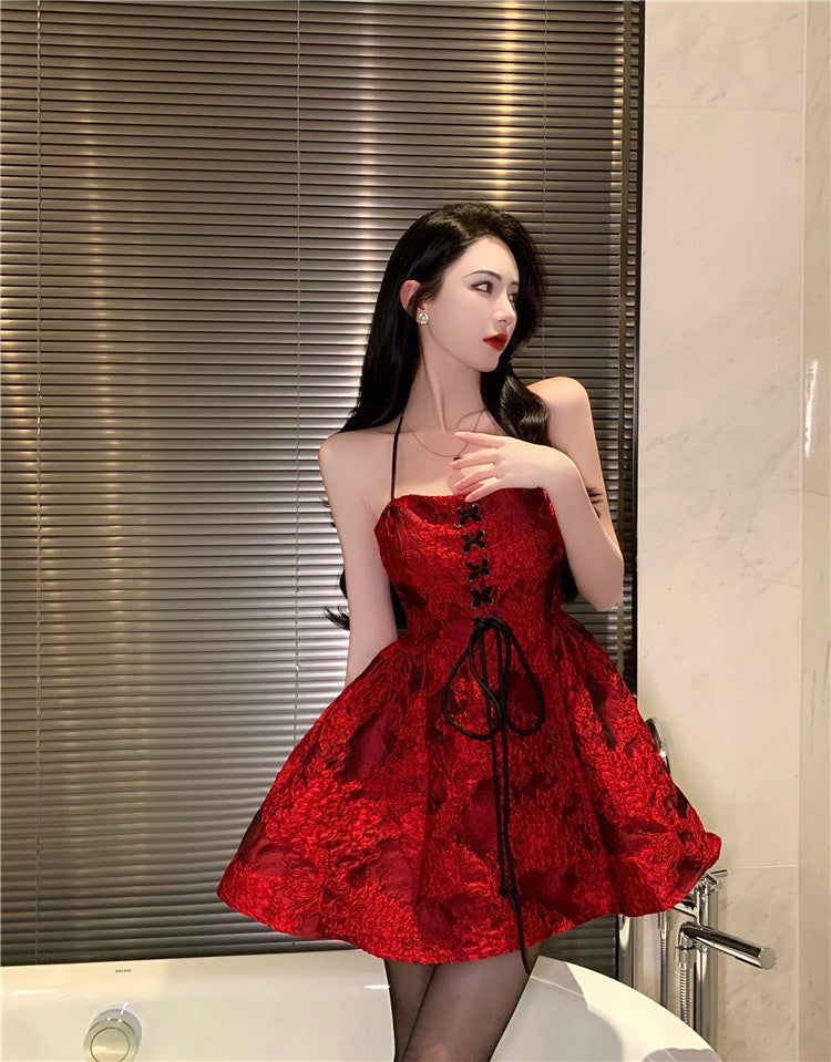 New Fashion Halter Neck French Red Short Dress