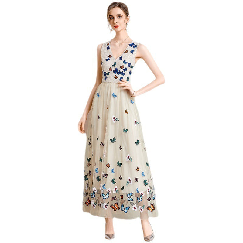 Lace Mesh Embroidered V-Neck Waist Dress