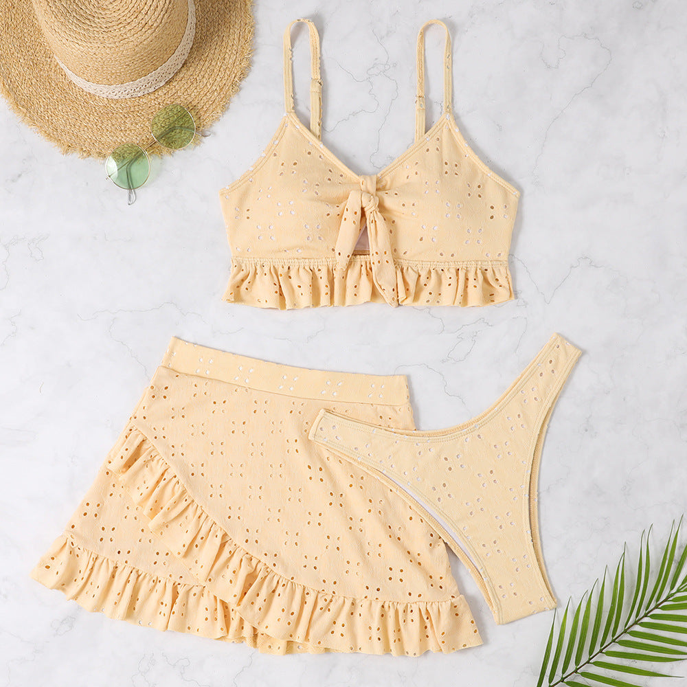 3pcs Beach Bikini With Hip-hugging Skirt Ruffle Design Swimsuit Set