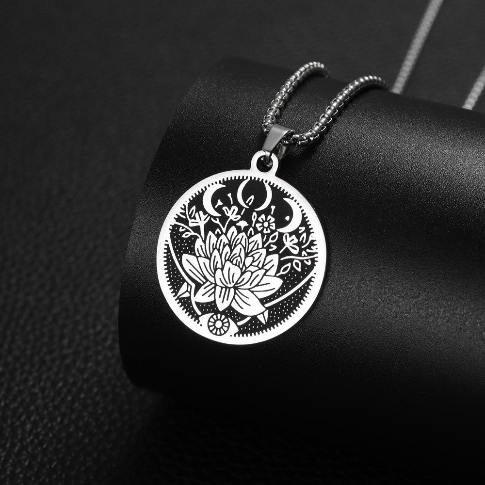 Stainless Steel Flower Moon Pattern Titanium Steel Pendant Necklace
