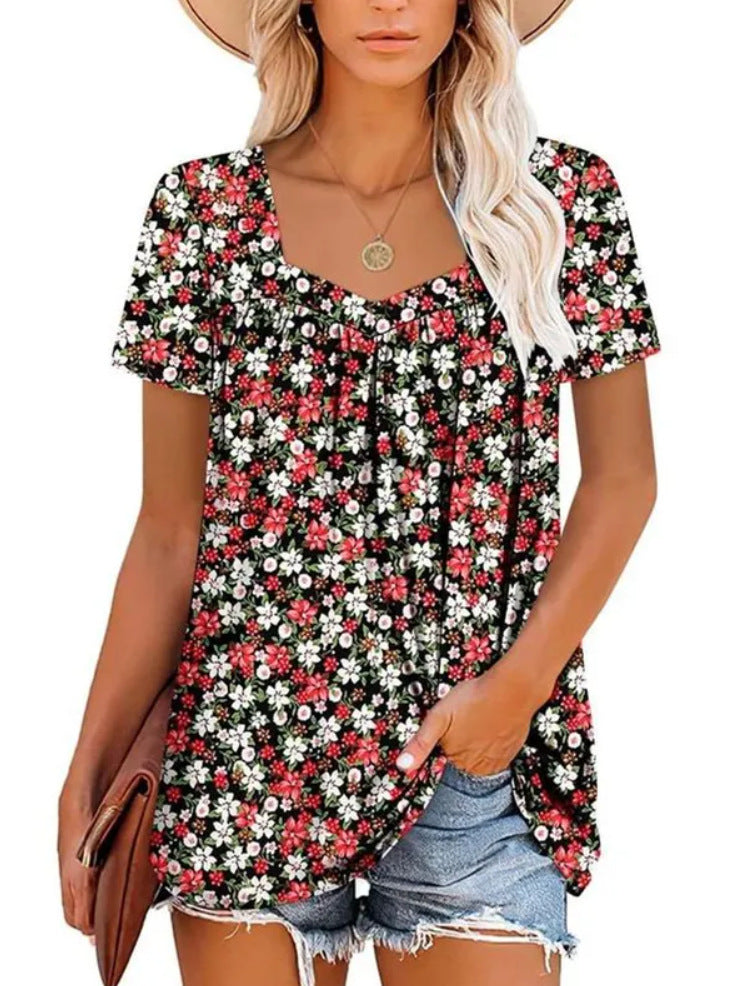 Square Collar Short Sleeve Printed Loose T-shirt