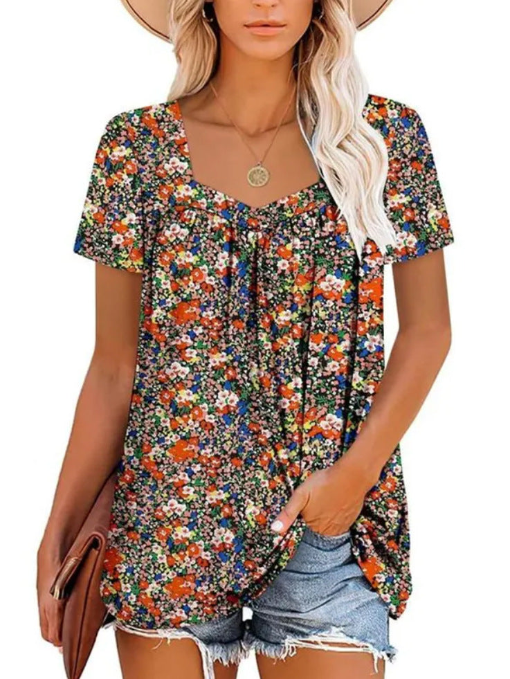 Square Collar Short Sleeve Printed Loose T-shirt