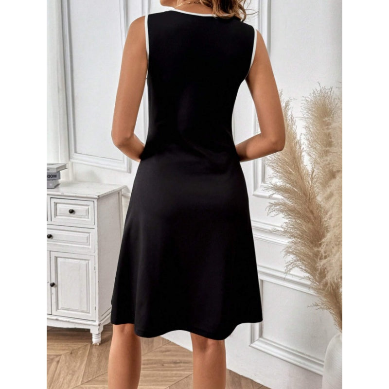 Women's Sleeveless Mini Dress Summer Black White Color Block Crewneck Casual Loose Tank Dresses