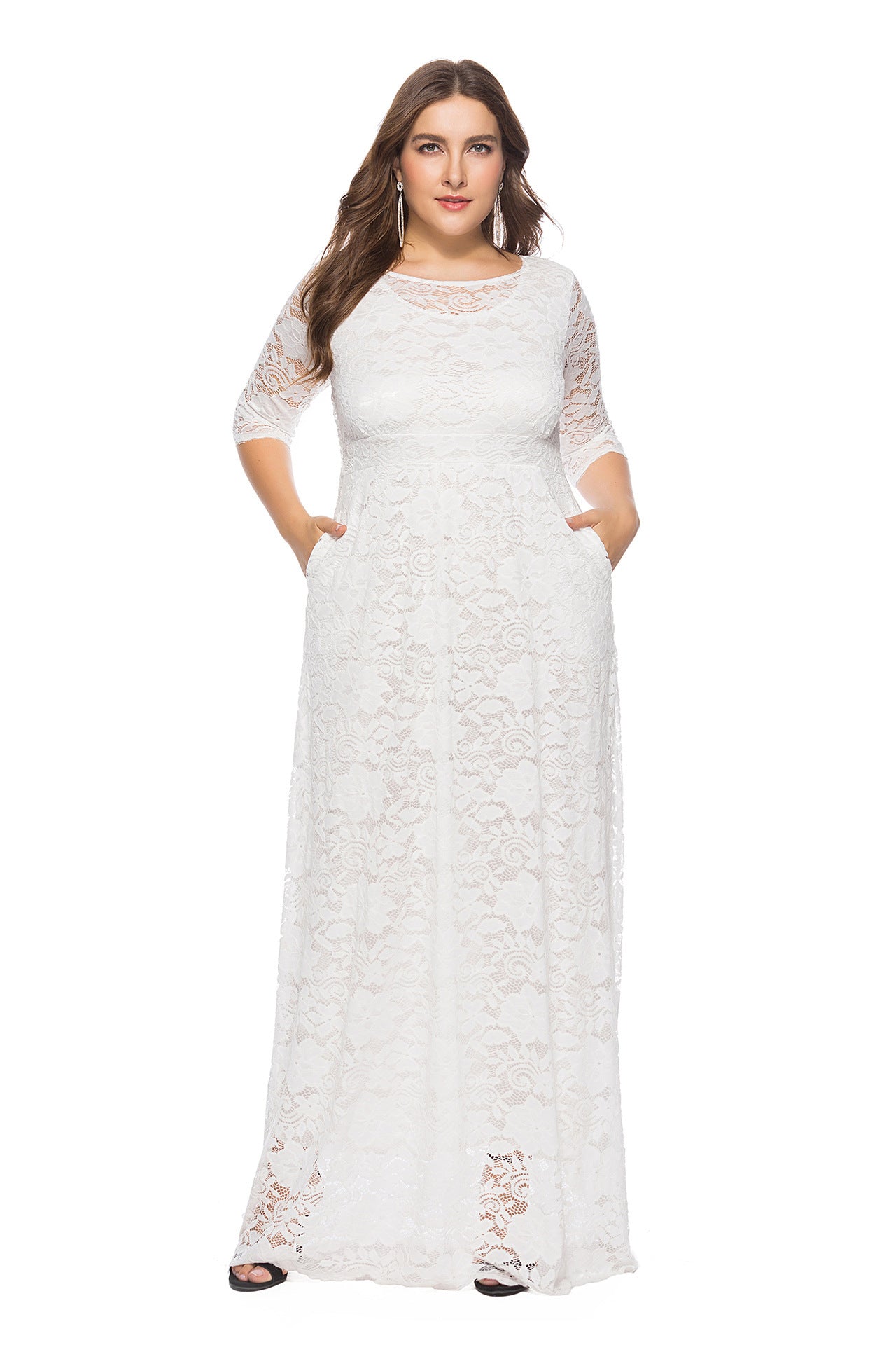 Plus Size New Hollow Lace Pocket Dress