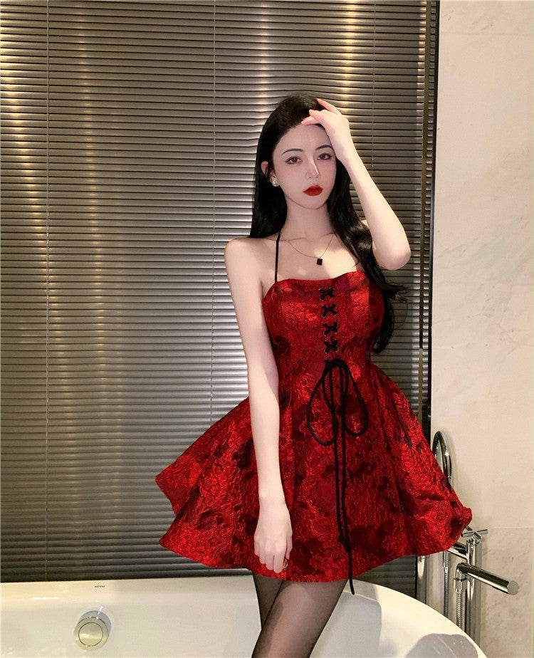 New Fashion Halter Neck French Red Short Dress