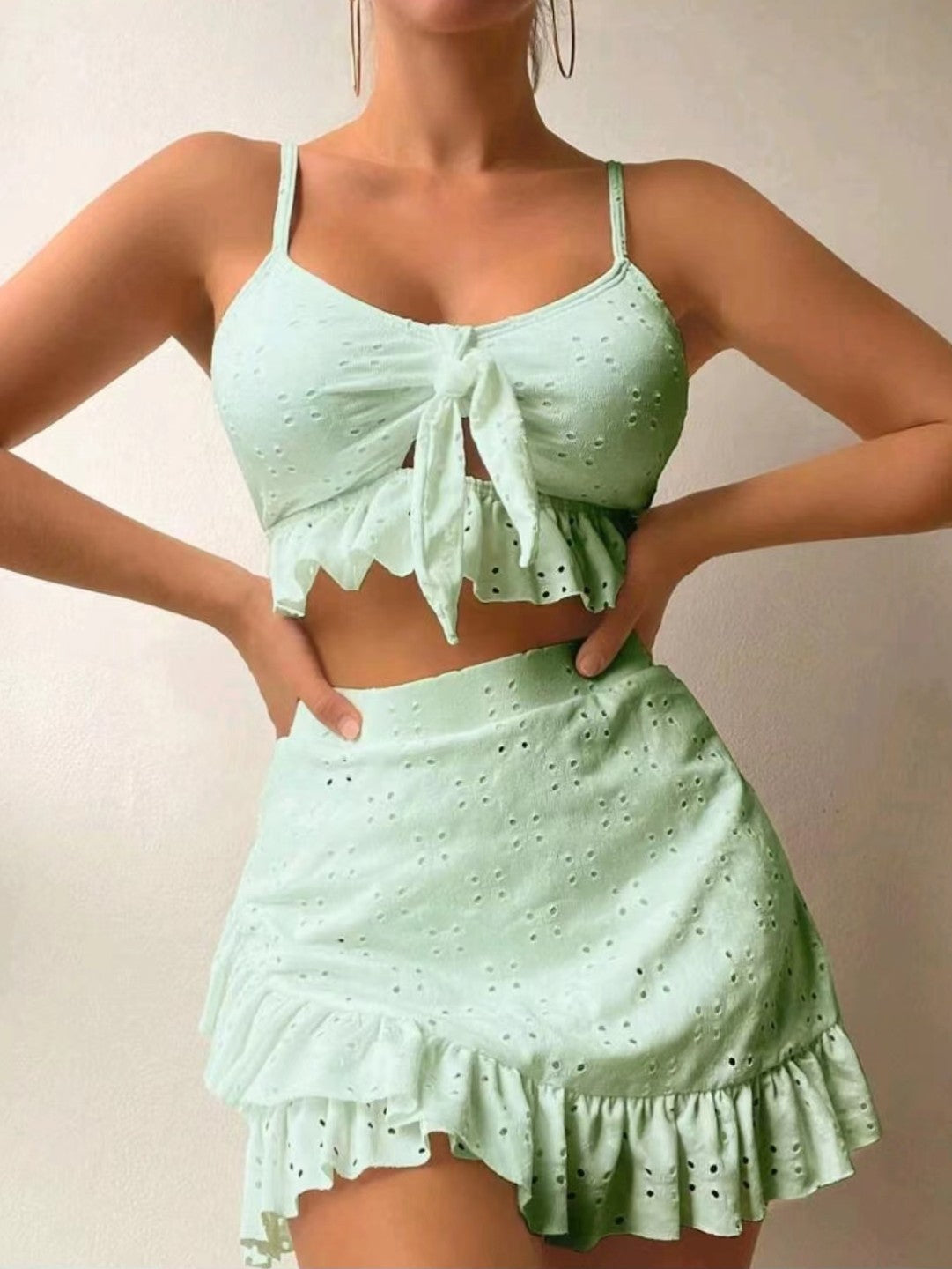 3pcs Beach Bikini With Hip-hugging Skirt Ruffle Design Swimsuit Set