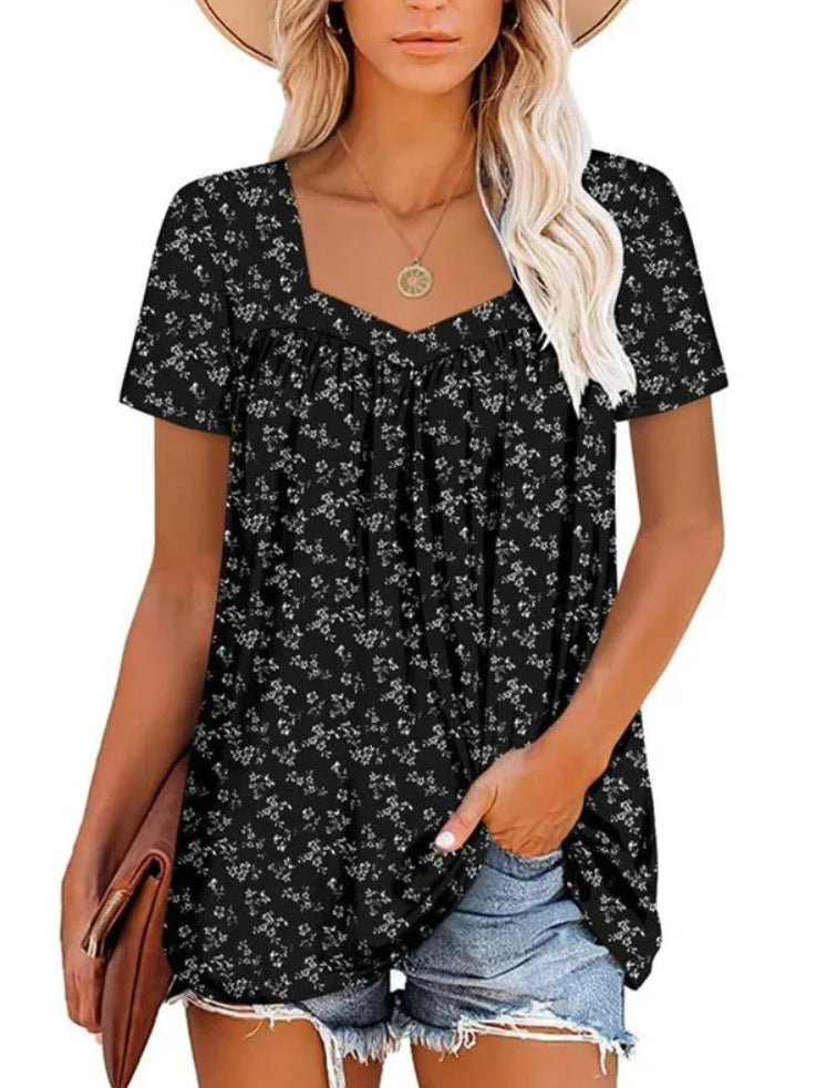 Square Collar Short Sleeve Printed Loose T-shirt