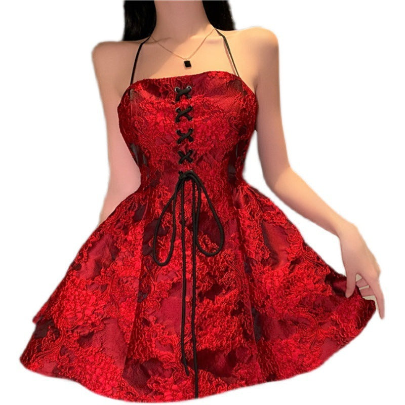 New Fashion Halter Neck French Red Short Dress