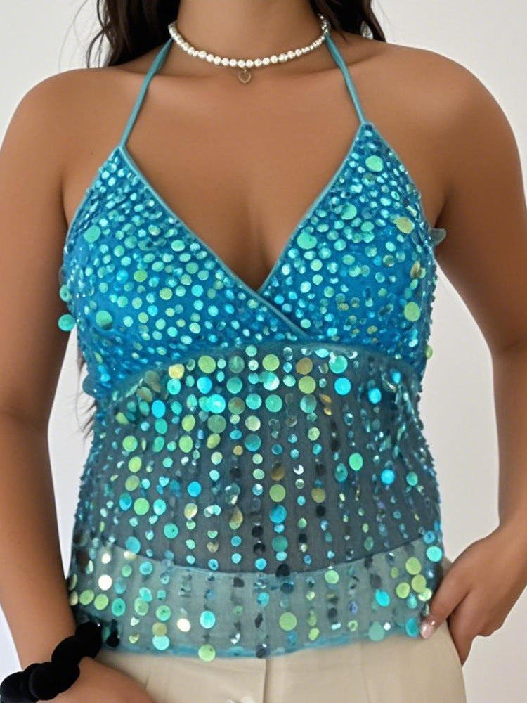 Women's Dopamine Sequined Suspender Deep V Strap Top