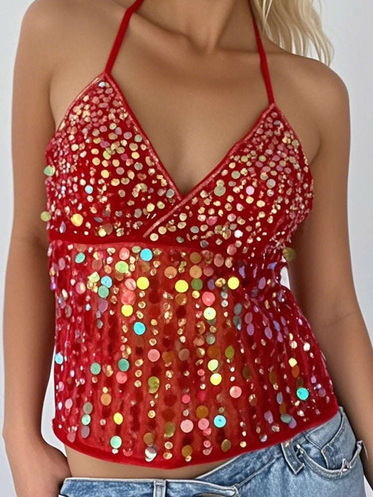 Women's Dopamine Sequined Suspender Deep V Strap Top