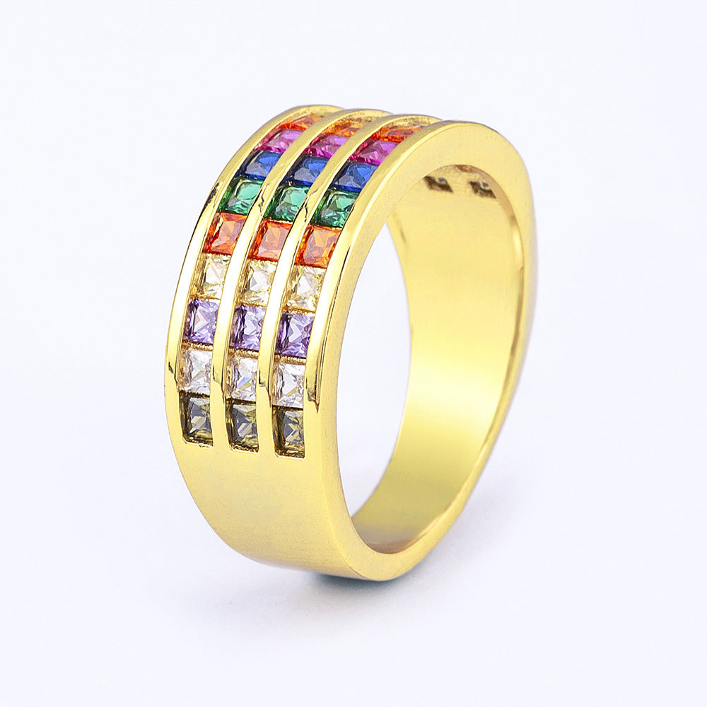 Wide Diamond Three-layer Color Zircon Ring