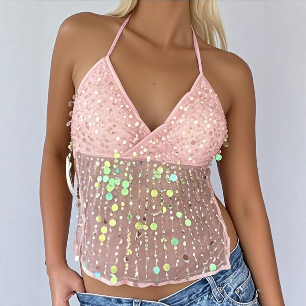 Women's Dopamine Sequined Suspender Deep V Strap Top
