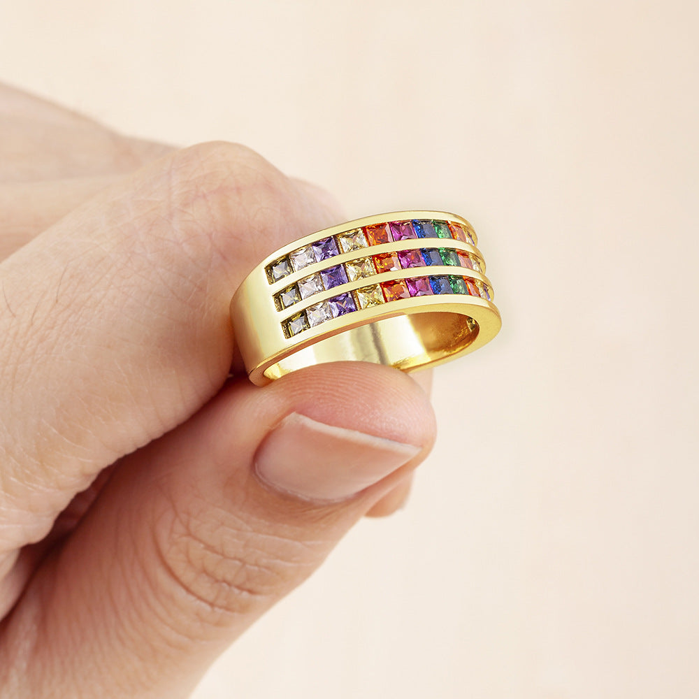 Wide Diamond Three-layer Color Zircon Ring