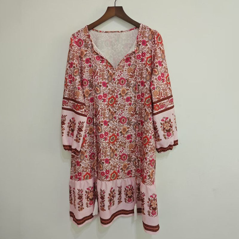 Women's Elegant V-Neck Fringe Bow Floral Print Dress Long Sleeve Comfortable Spring & Summer Dress