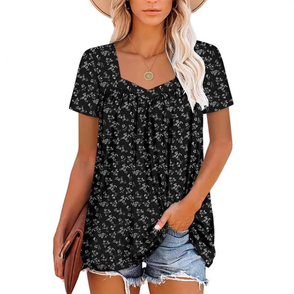 Square Collar Short Sleeve Printed Loose T-shirt
