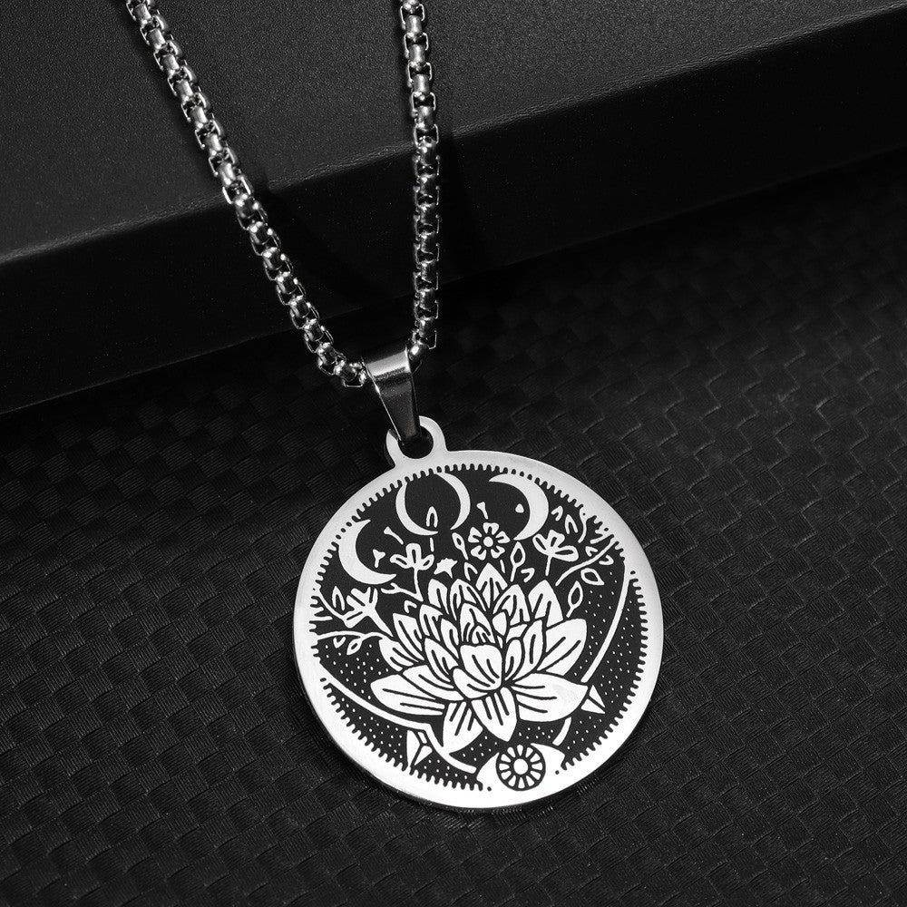 Stainless Steel Flower Moon Pattern Titanium Steel Pendant Necklace