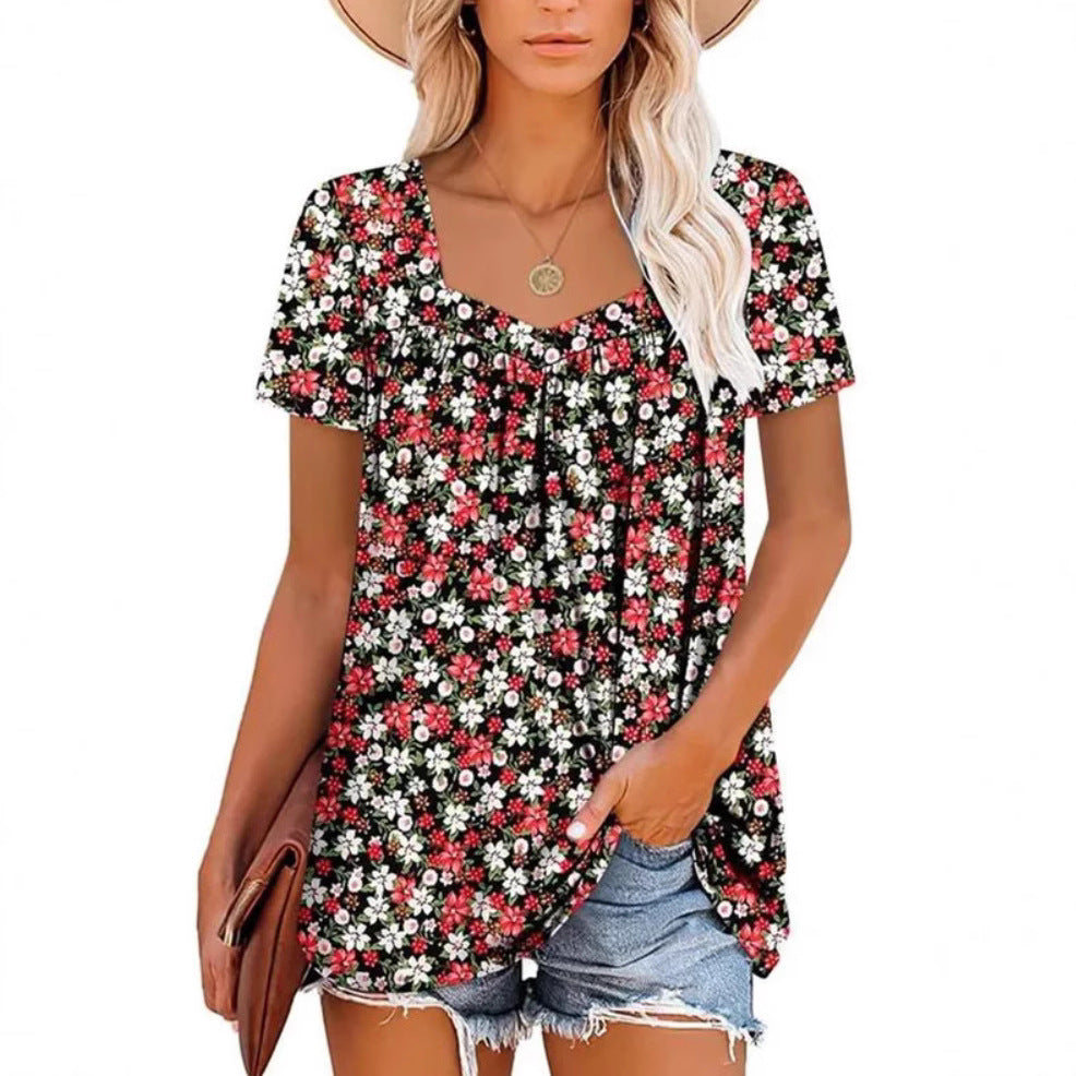 Square Collar Short Sleeve Printed Loose T-shirt