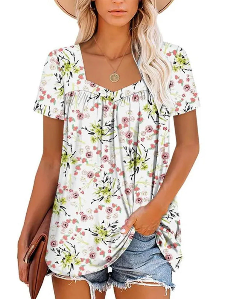Square Collar Short Sleeve Printed Loose T-shirt