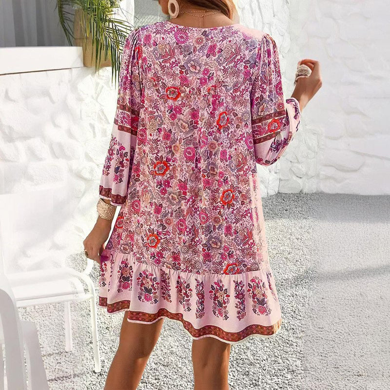 Women's Elegant V-Neck Fringe Bow Floral Print Dress Long Sleeve Comfortable Spring & Summer Dress