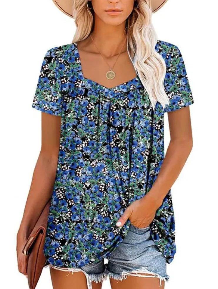 Square Collar Short Sleeve Printed Loose T-shirt