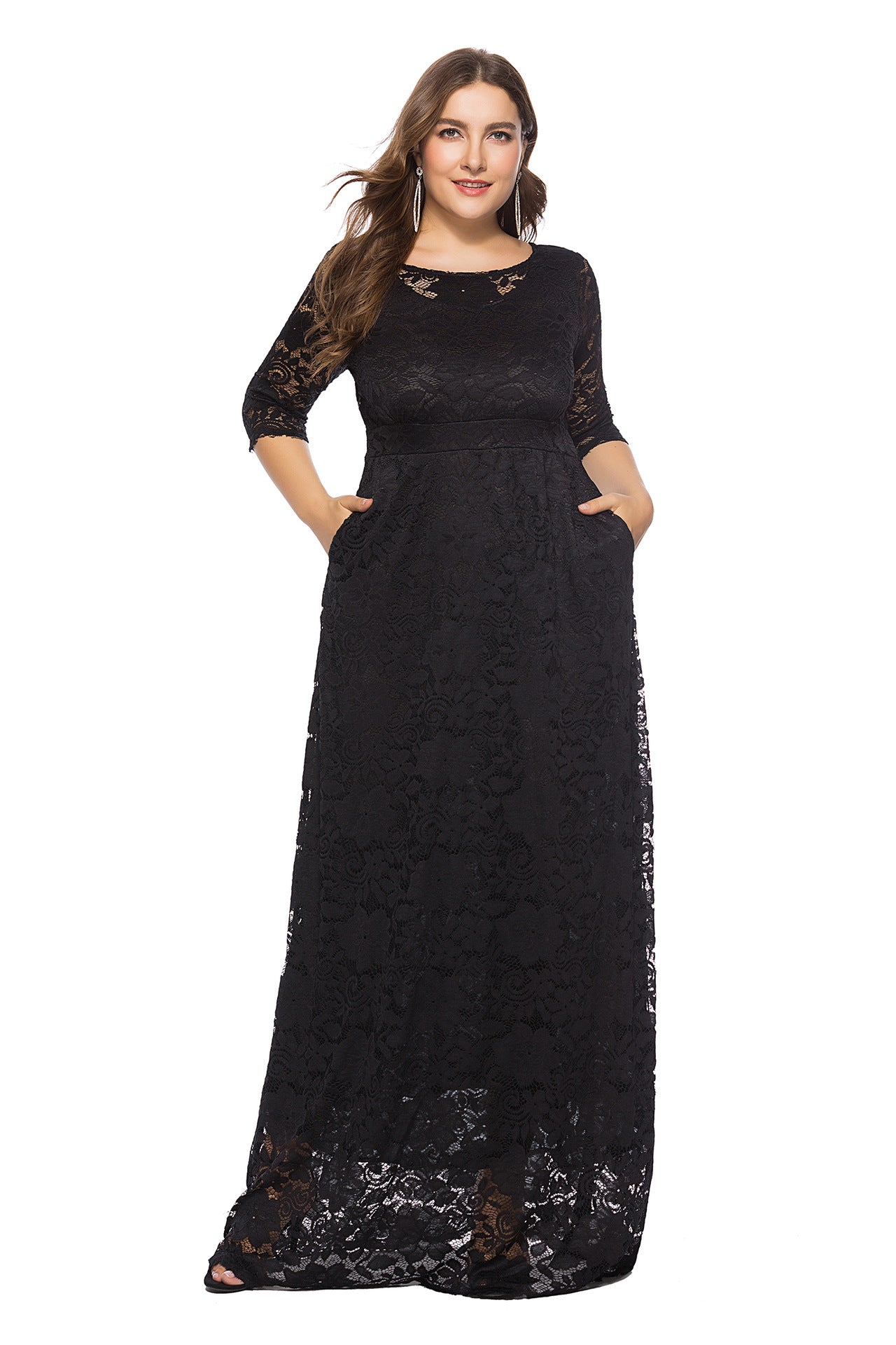 Plus Size New Hollow Lace Pocket Dress