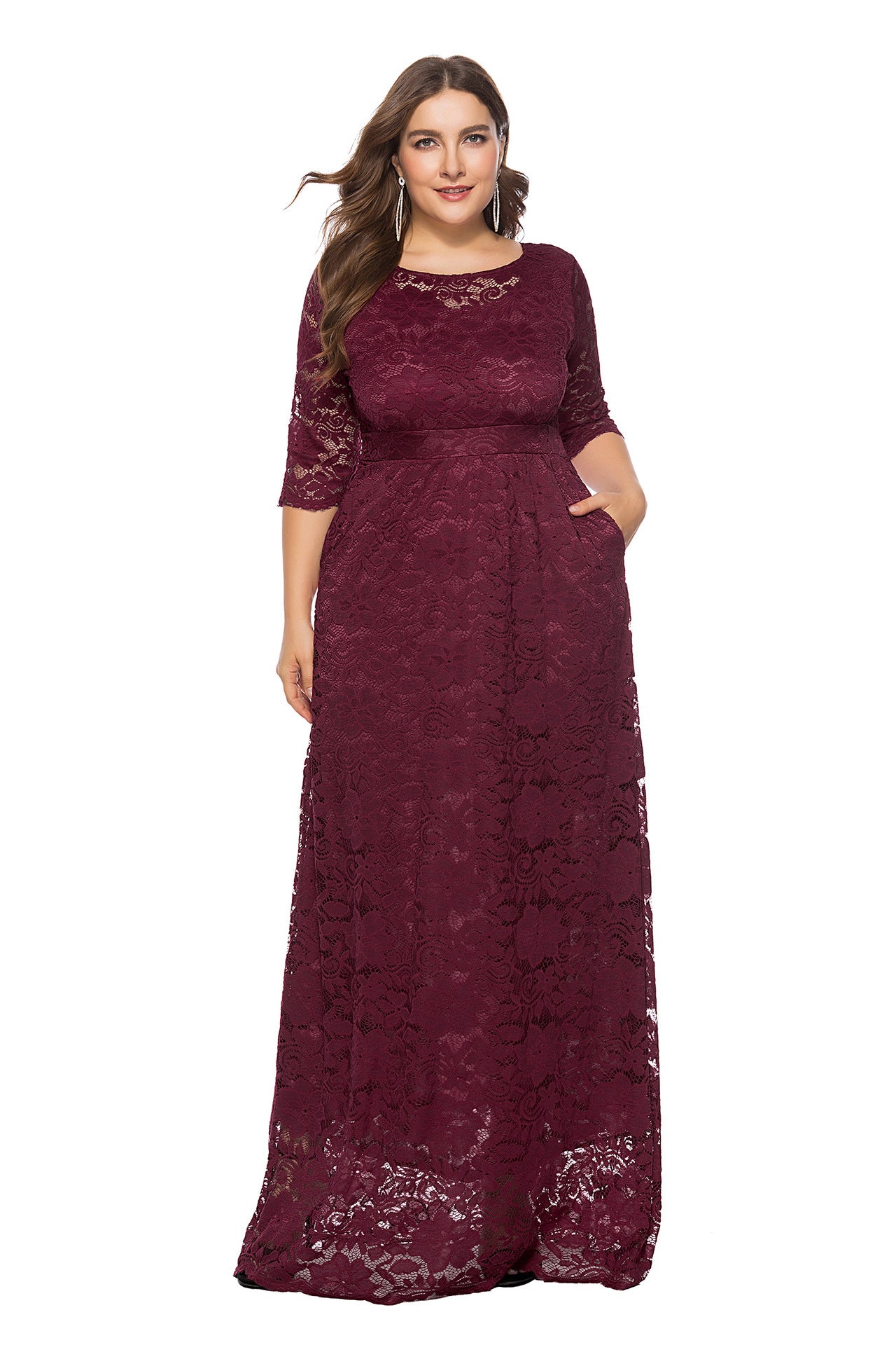 Plus Size New Hollow Lace Pocket Dress