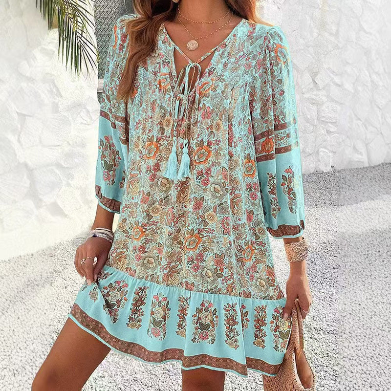 Women's Elegant V-Neck Fringe Bow Floral Print Dress Long Sleeve Comfortable Spring & Summer Dress