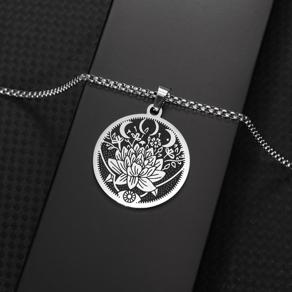Stainless Steel Flower Moon Pattern Titanium Steel Pendant Necklace