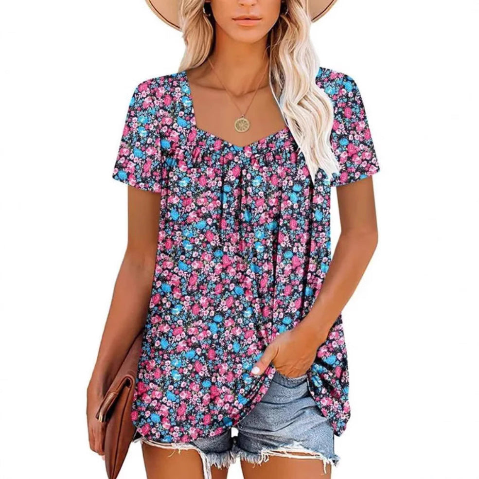 Square Collar Short Sleeve Printed Loose T-shirt