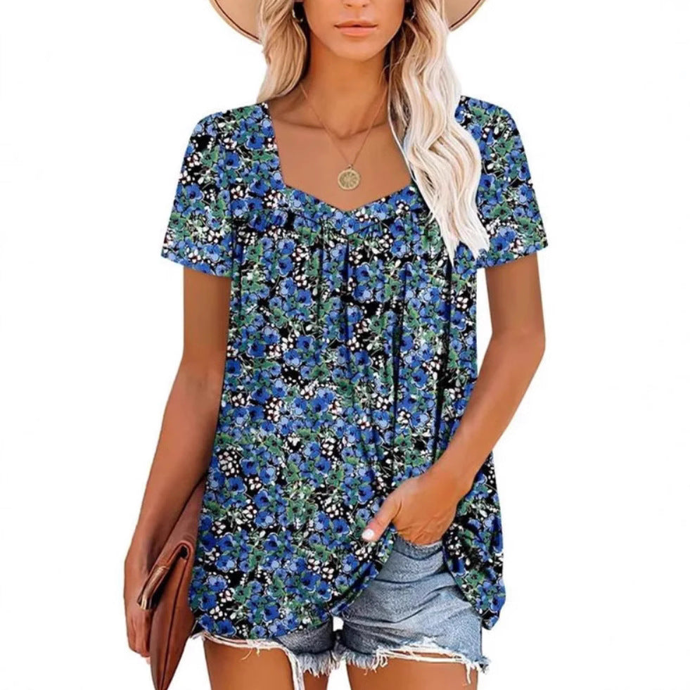 Square Collar Short Sleeve Printed Loose T-shirt