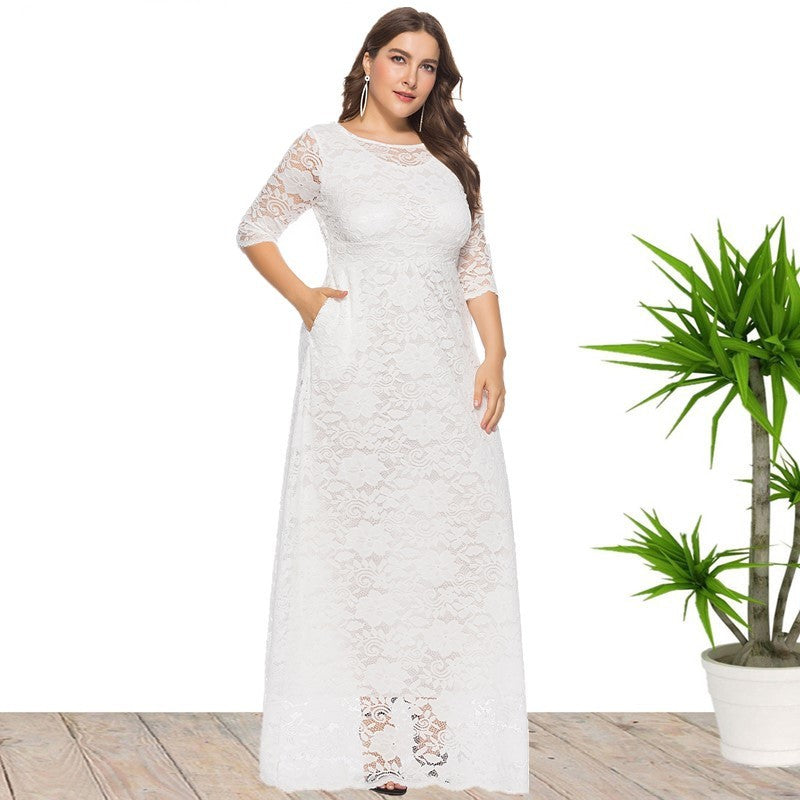 Plus Size New Hollow Lace Pocket Dress