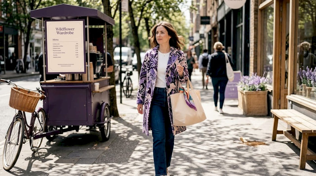 Woman in statement coat walking city street