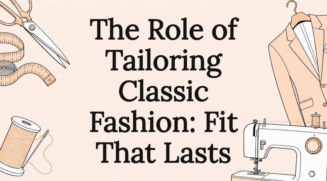 Decorative title card with tailoring themed illustrations
