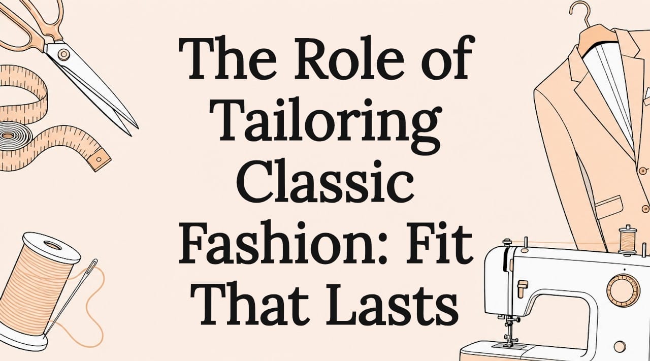 Decorative title card with tailoring themed illustrations