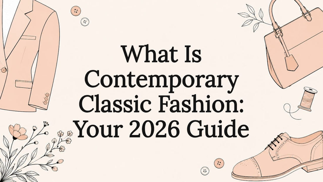 Decorative title card with fashion icons and wildflower motifs