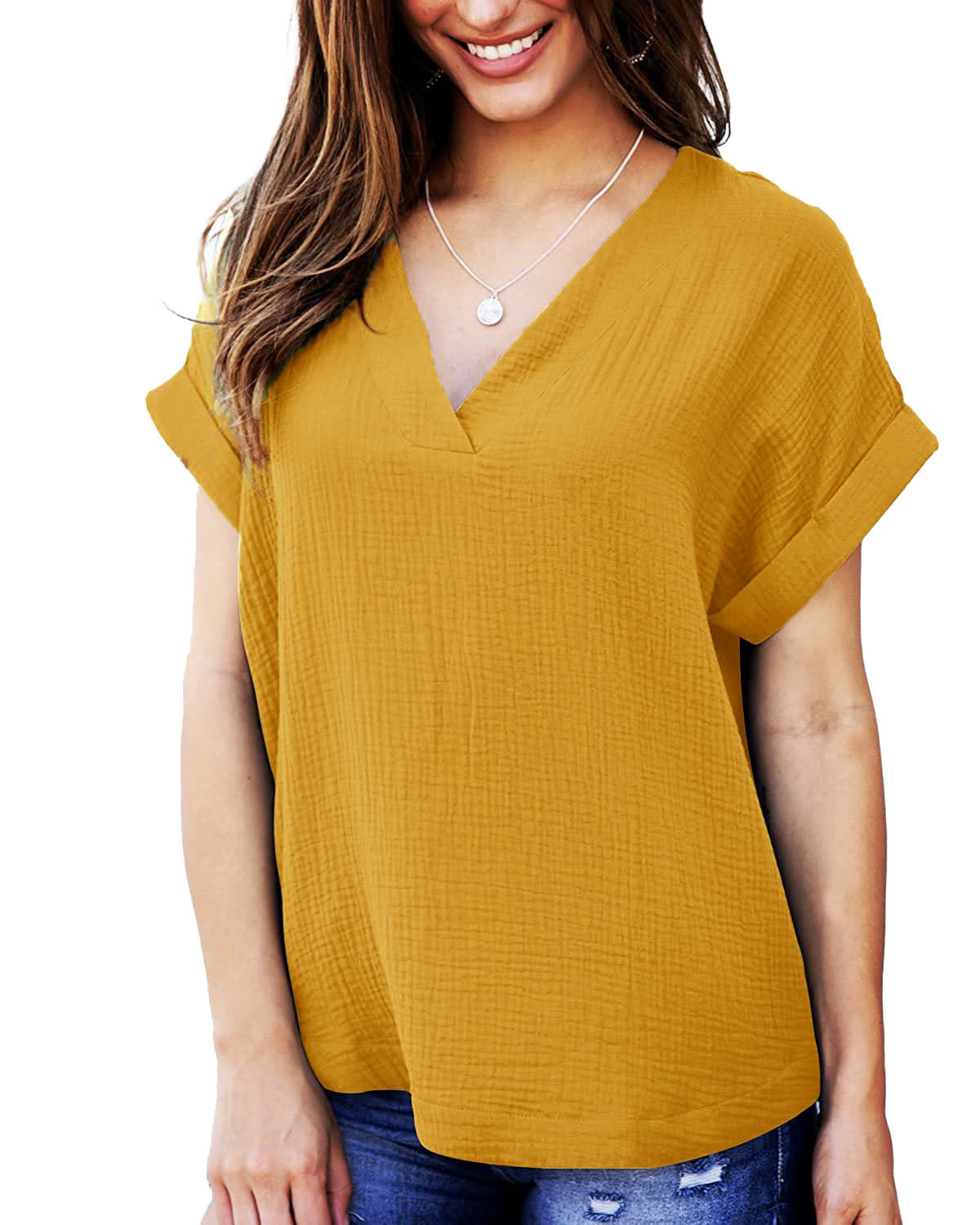Short Sleeve V Neck Loose Shirt Solid Color Casual Top Women