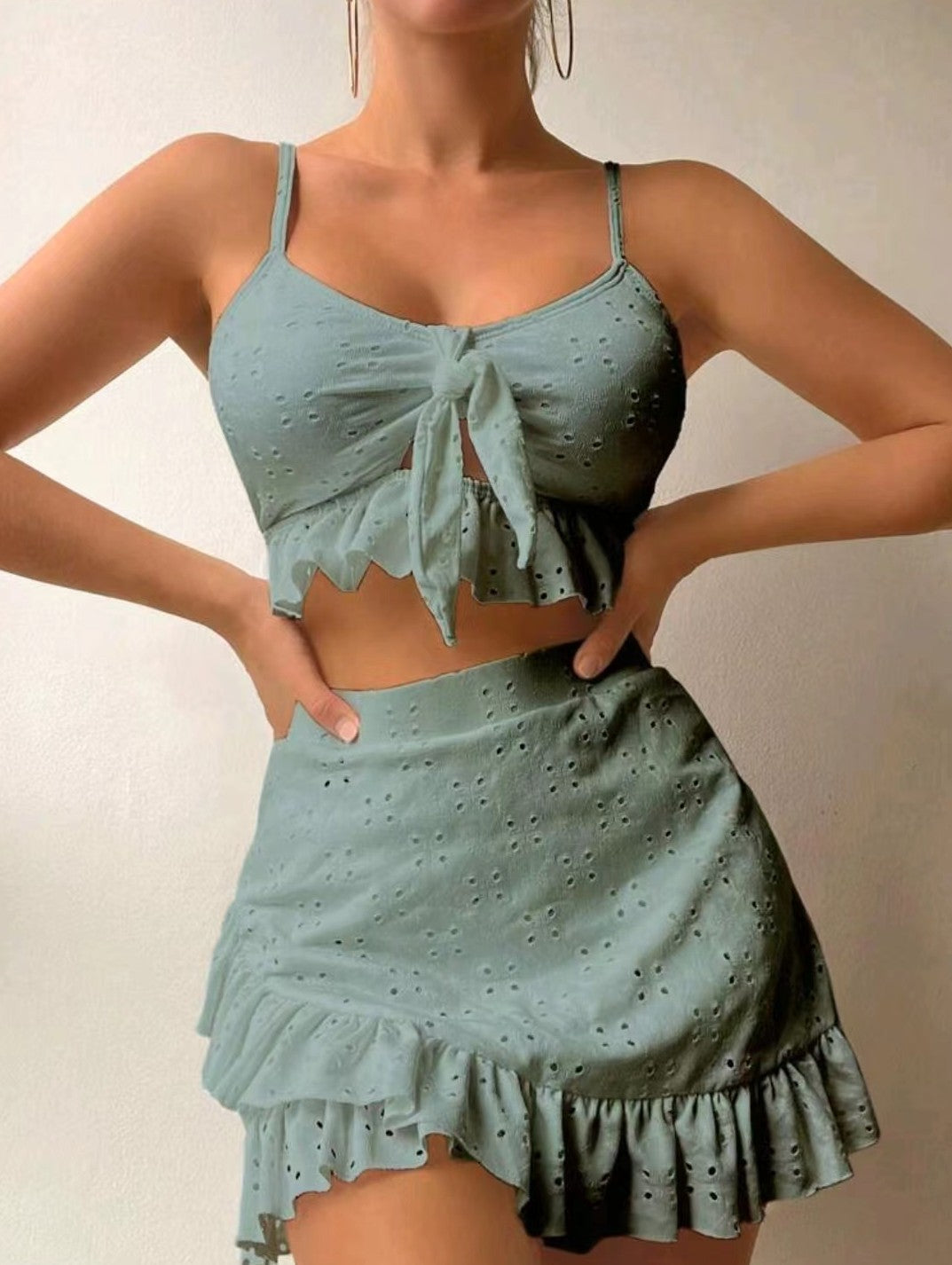 3pcs Beach Bikini With Hip-hugging Skirt Ruffle Design Swimsuit Set