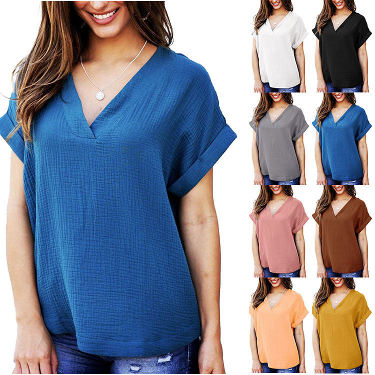 Short Sleeve V Neck Loose Shirt Solid Color Casual Top Women