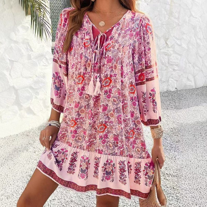 Women's Elegant V-Neck Fringe Bow Floral Print Dress Long Sleeve Comfortable Spring & Summer Dress