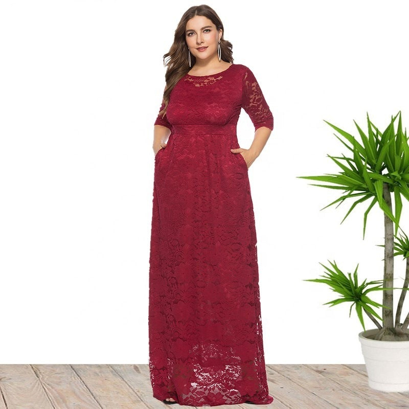 Plus Size New Hollow Lace Pocket Dress