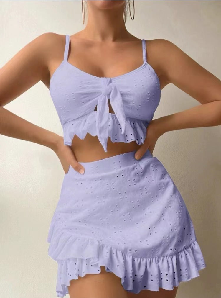 3pcs Beach Bikini With Hip-hugging Skirt Ruffle Design Swimsuit Set