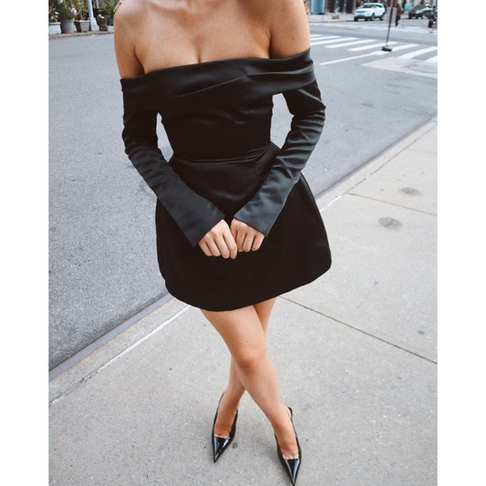 Off-Shoulder Long Sleeve Pleated Dress – Winter Soft Glam