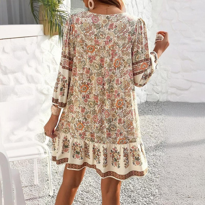 Women's Elegant V-Neck Fringe Bow Floral Print Dress Long Sleeve Comfortable Spring & Summer Dress