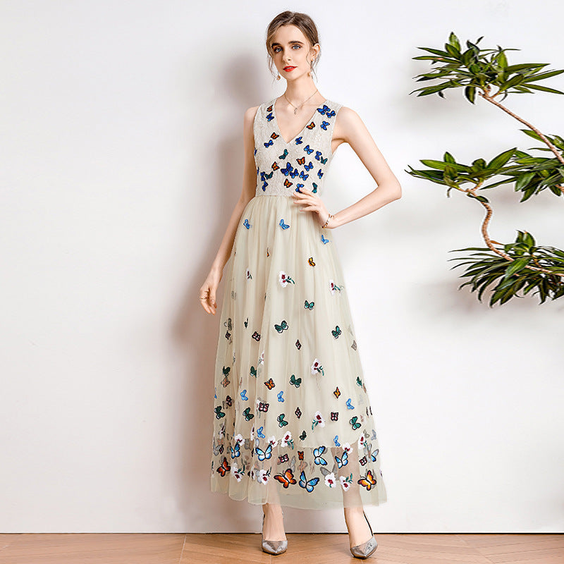 Lace Mesh Embroidered V-Neck Waist Dress
